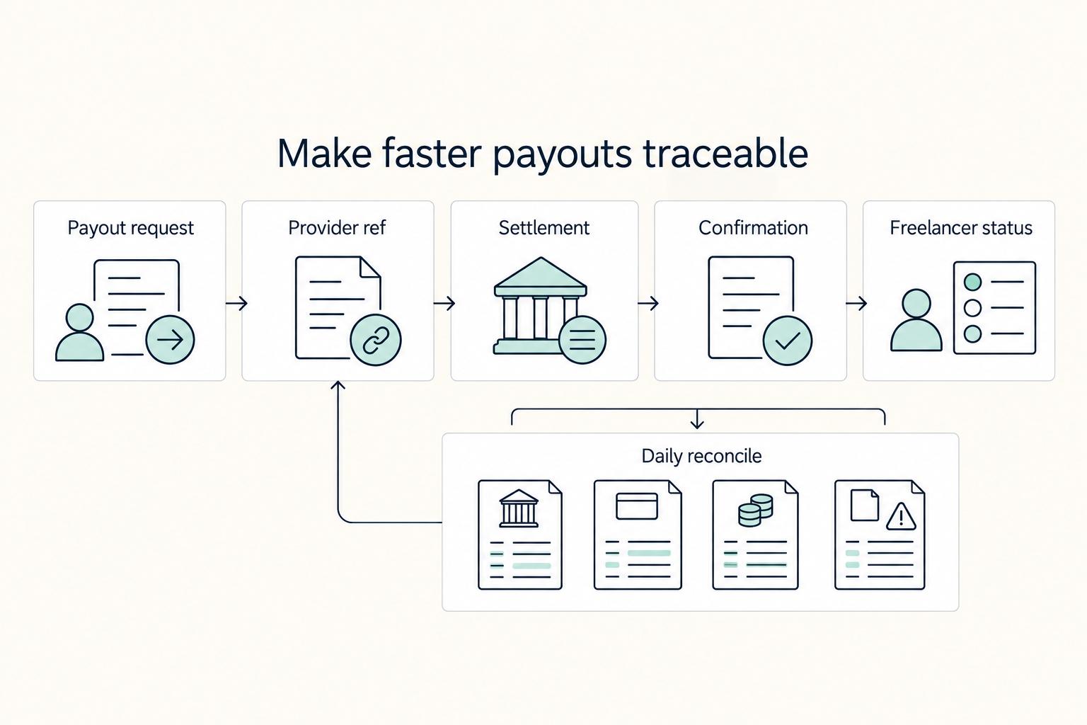 Make faster payouts traceable: Payout request, Provider ref, Settlement, Confirmation, Freelancer status, and Daily reconcile.