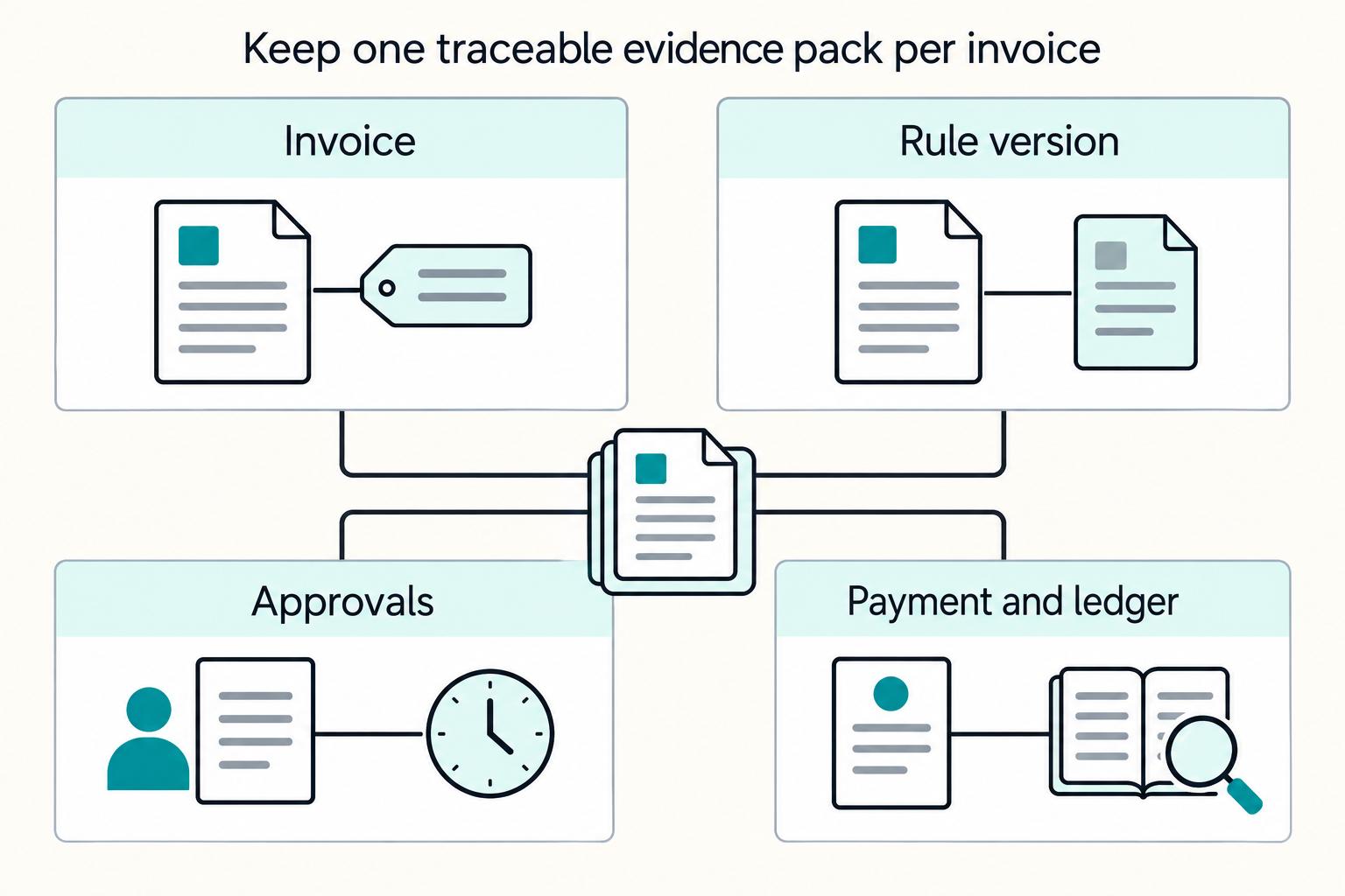 Keep one traceable evidence pack per invoice: Invoice, Rule version, Approvals, Payment and ledger.