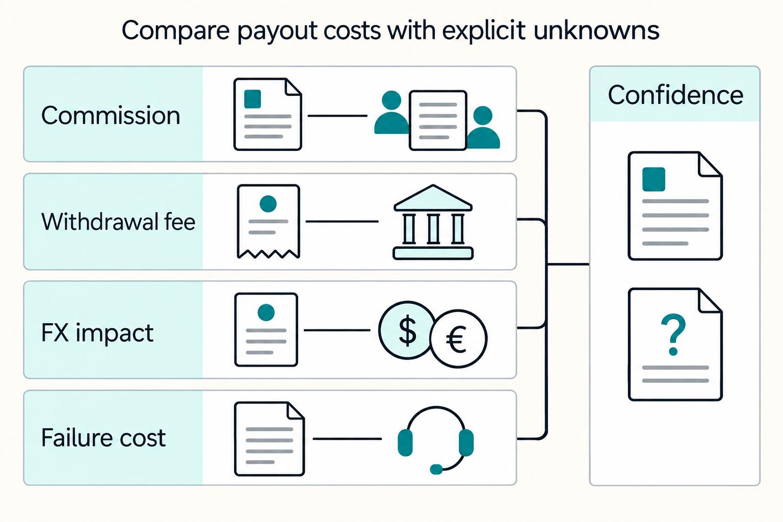 Compare payout costs with explicit unknowns: Commission, Withdrawal fee, FX impact, Failure cost, Confidence.