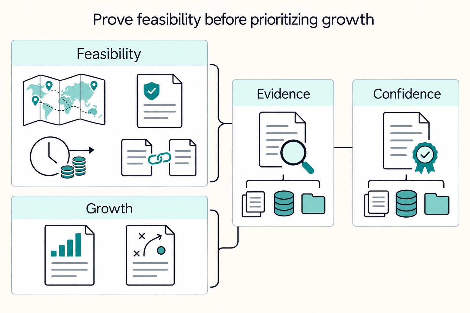 Prove feasibility before prioritizing growth: Feasibility, Evidence, Growth, and Confidence.