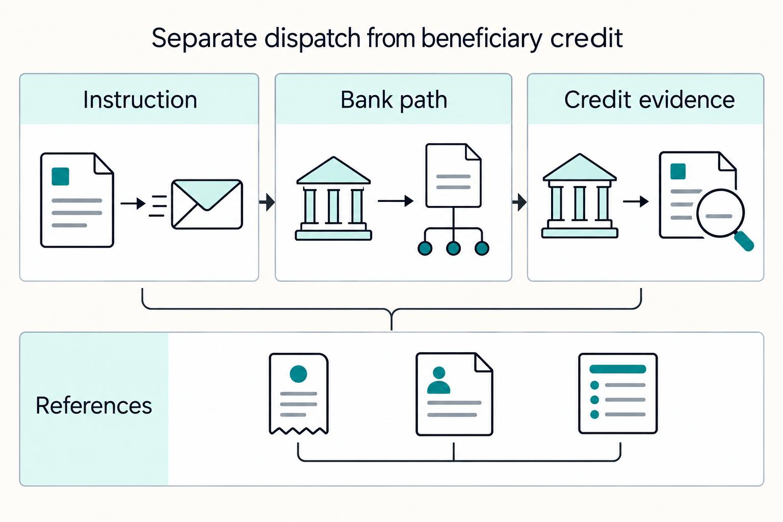 Separate dispatch from beneficiary credit: Instruction, Bank path, Credit evidence, and References.