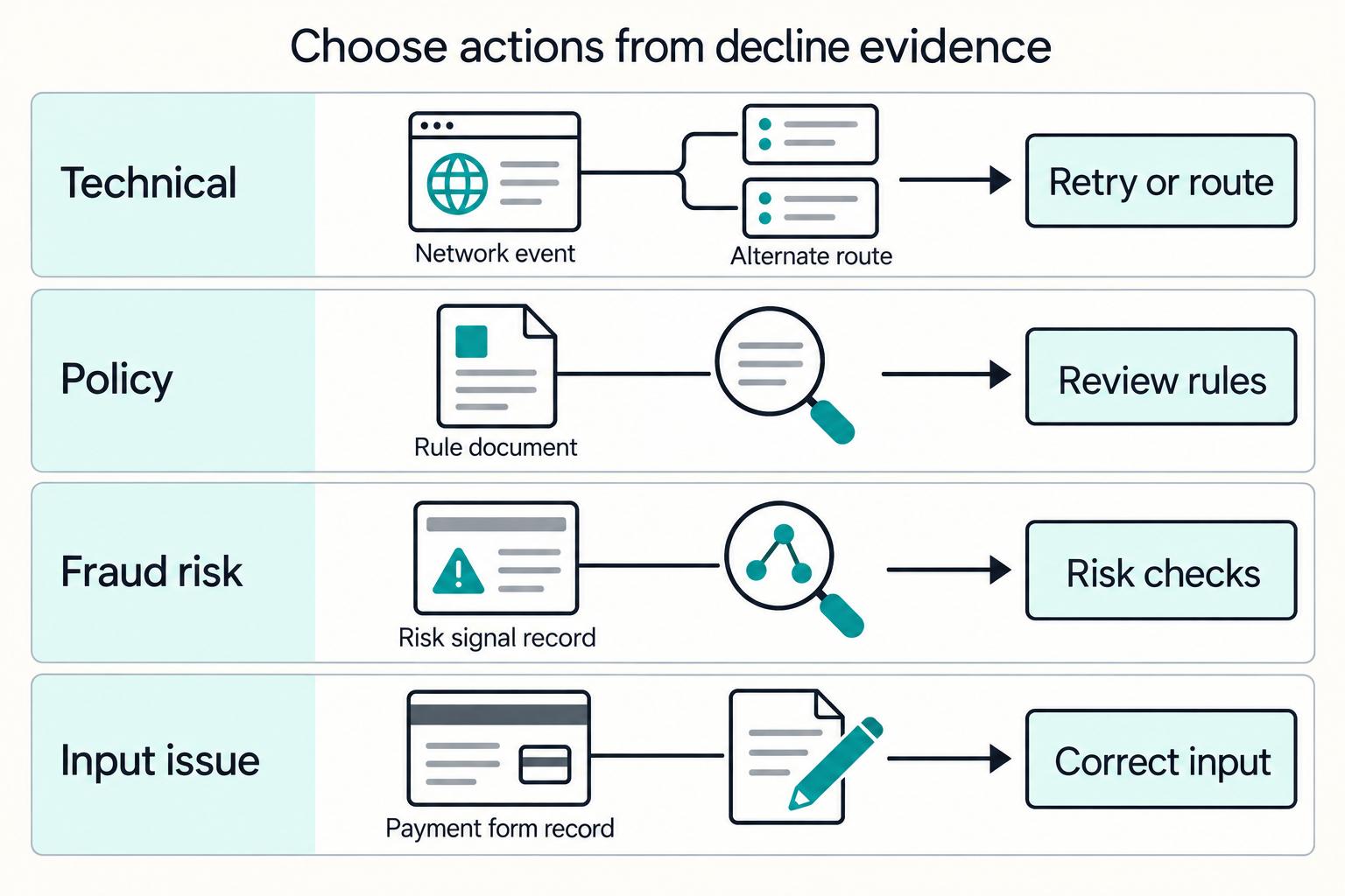 Choose actions from decline evidence: Technical, Policy, Fraud risk, Input issue, Retry or route, Review rules, Risk checks, and Correct input.