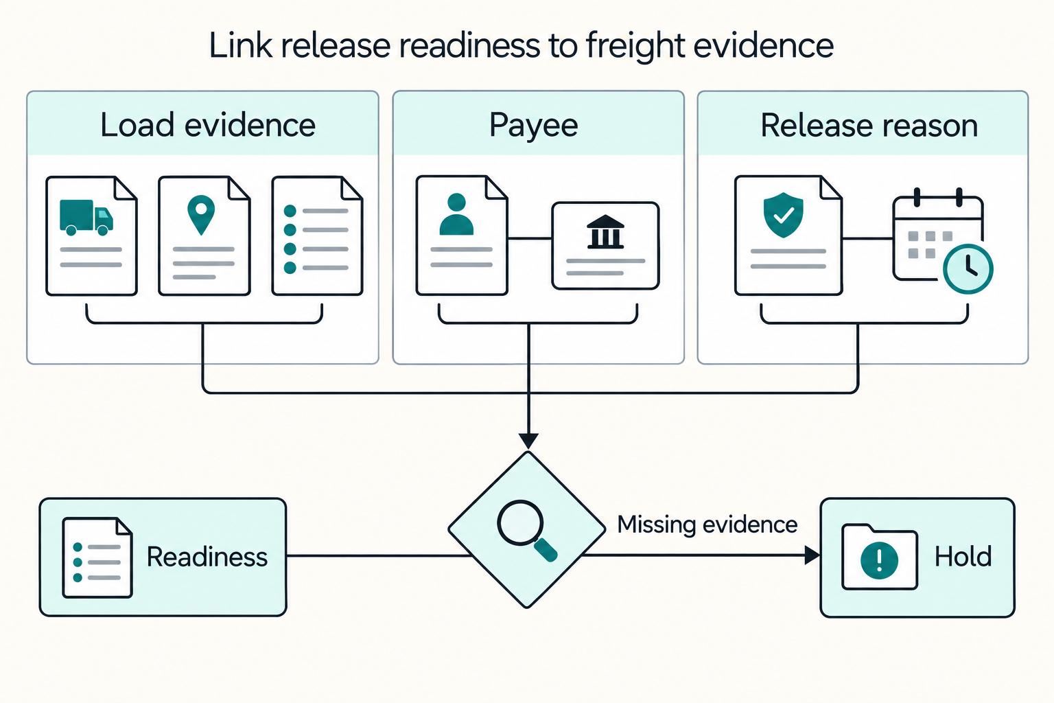 Link release readiness to freight evidence: Load evidence, Payee, Release reason, Readiness, Hold, and Missing evidence.