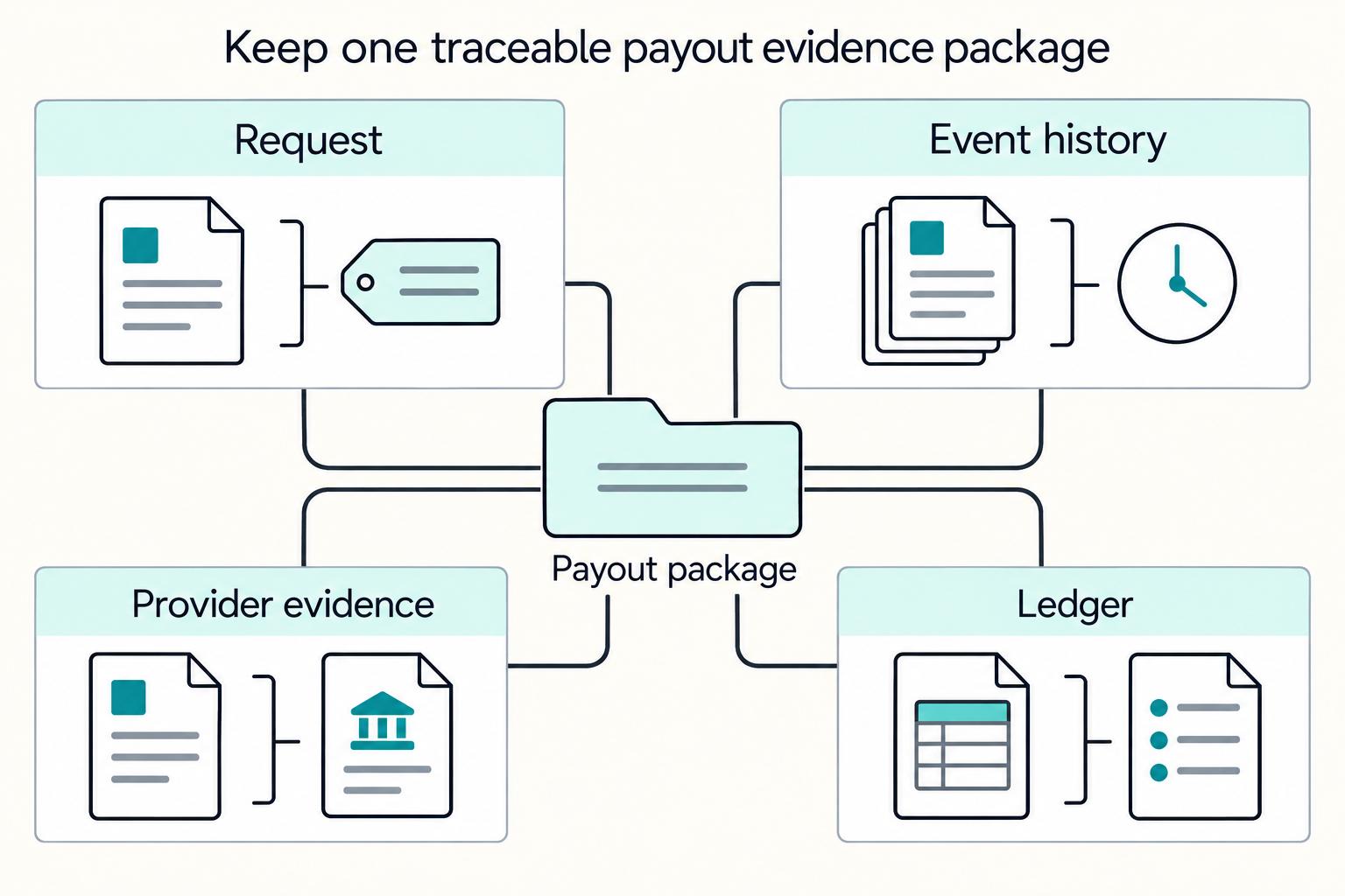 Keep one traceable payout evidence package: Request, Event history, Provider evidence, Ledger, and Payout package.
