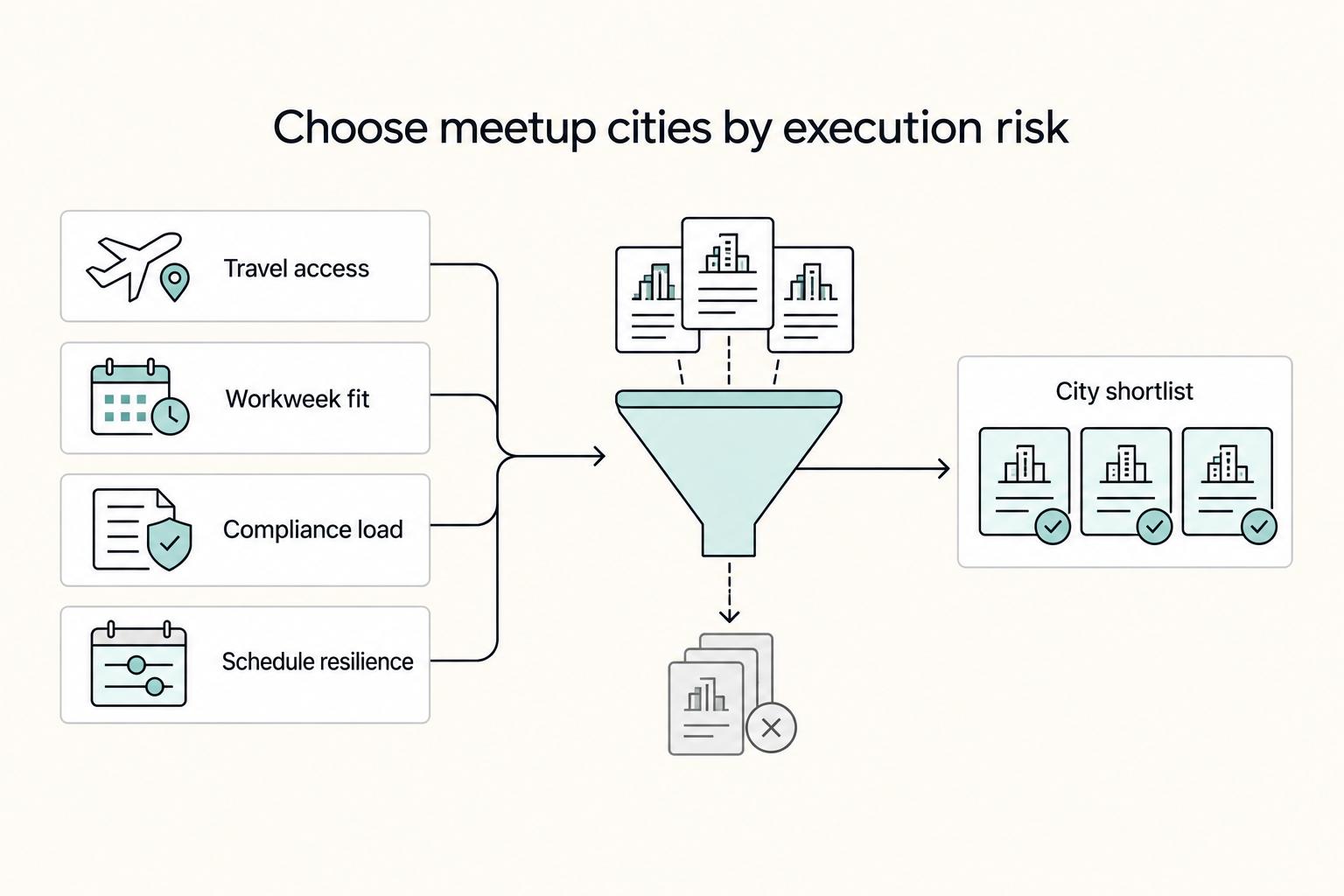 Choose meetup cities by execution risk: Travel access, Workweek fit, Compliance load, Schedule resilience, and City shortlist.