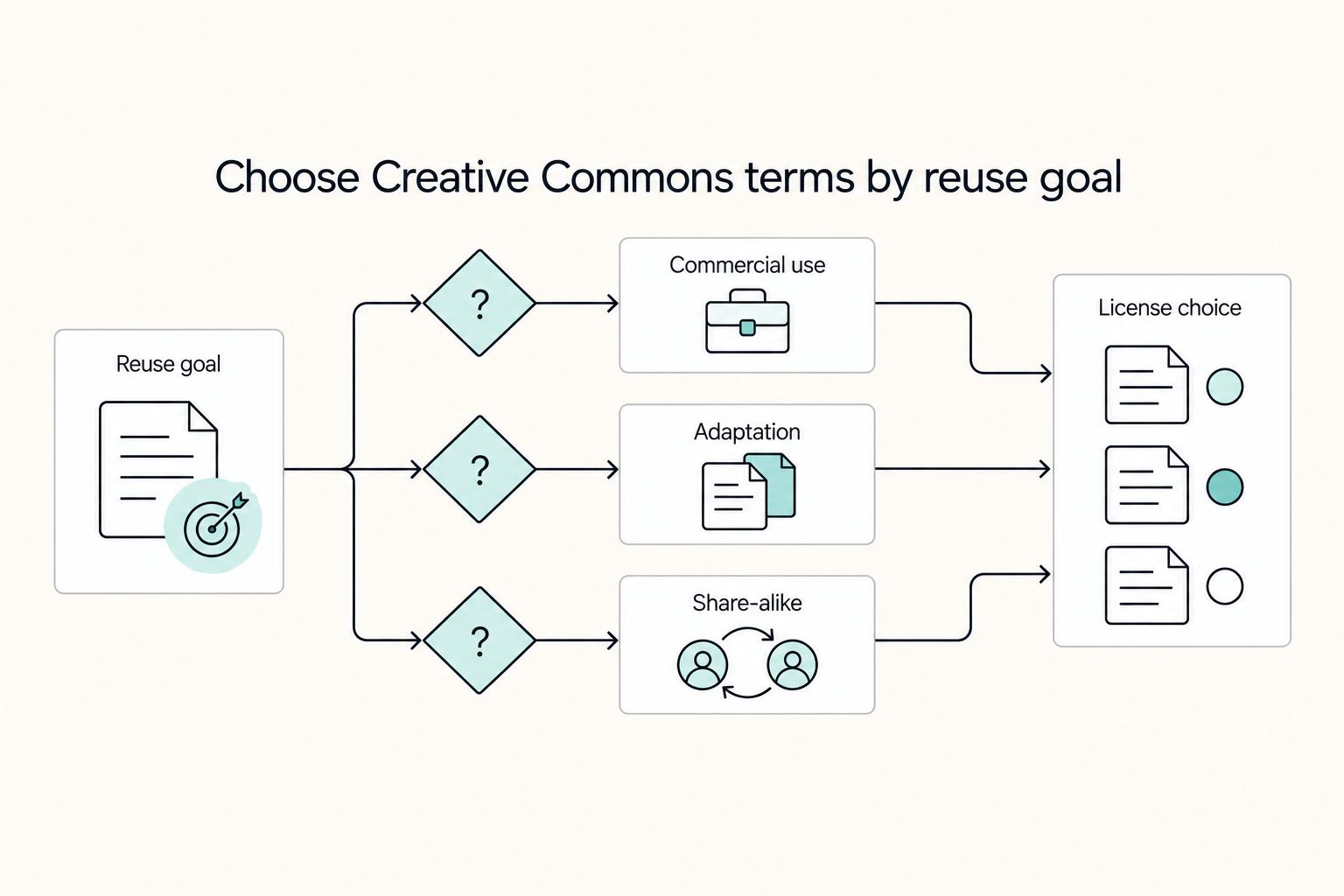 Choose Creative Commons terms by reuse goal: Reuse goal, Commercial use, Adaptation, Share-alike, and License choice.