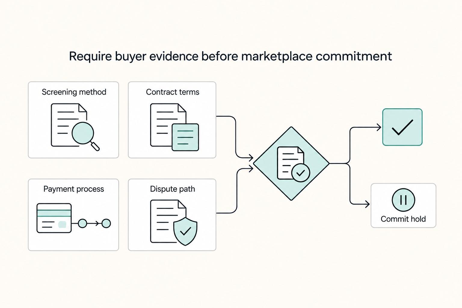 Require buyer evidence before marketplace commitment: Screening method, Contract terms, Payment process, Dispute path, and Commit hold.