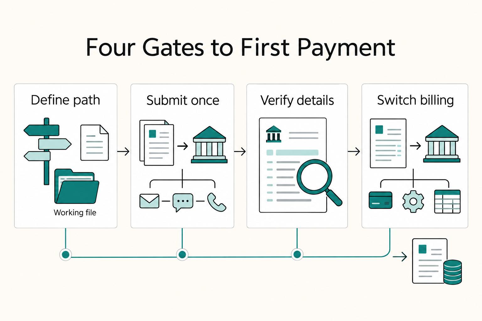 Four Gates to First Payment: Define path, Submit once, Verify details, and Switch billing.