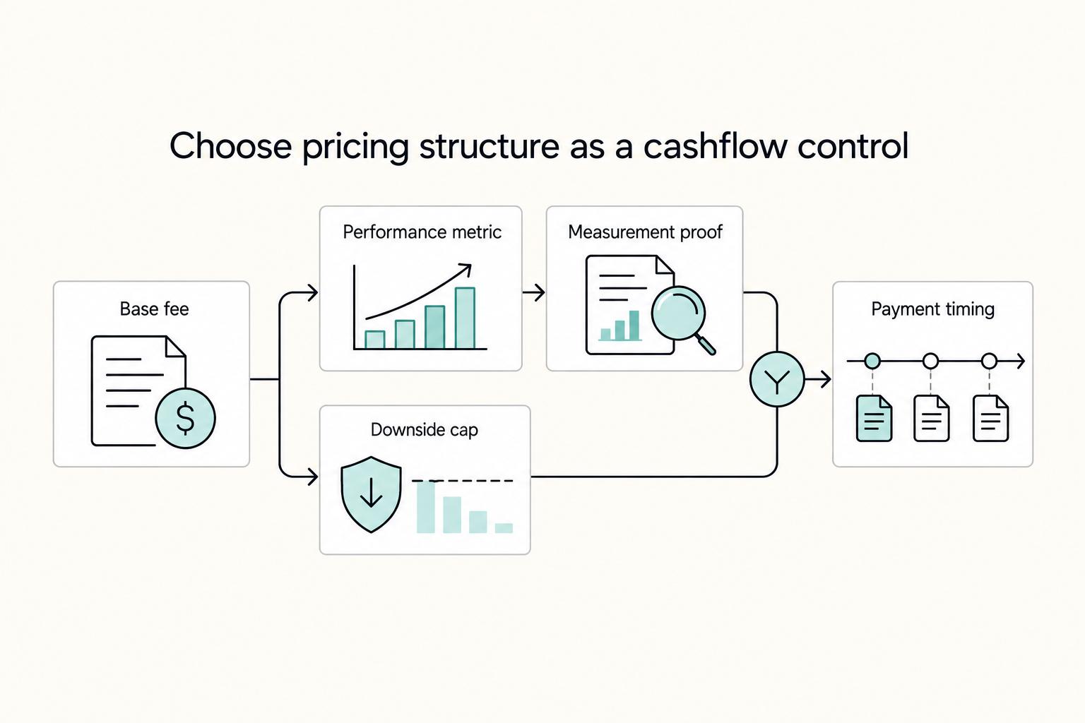 Choose pricing structure as a cashflow control: Base fee, Performance metric, Measurement proof, Payment timing, and Downside cap.