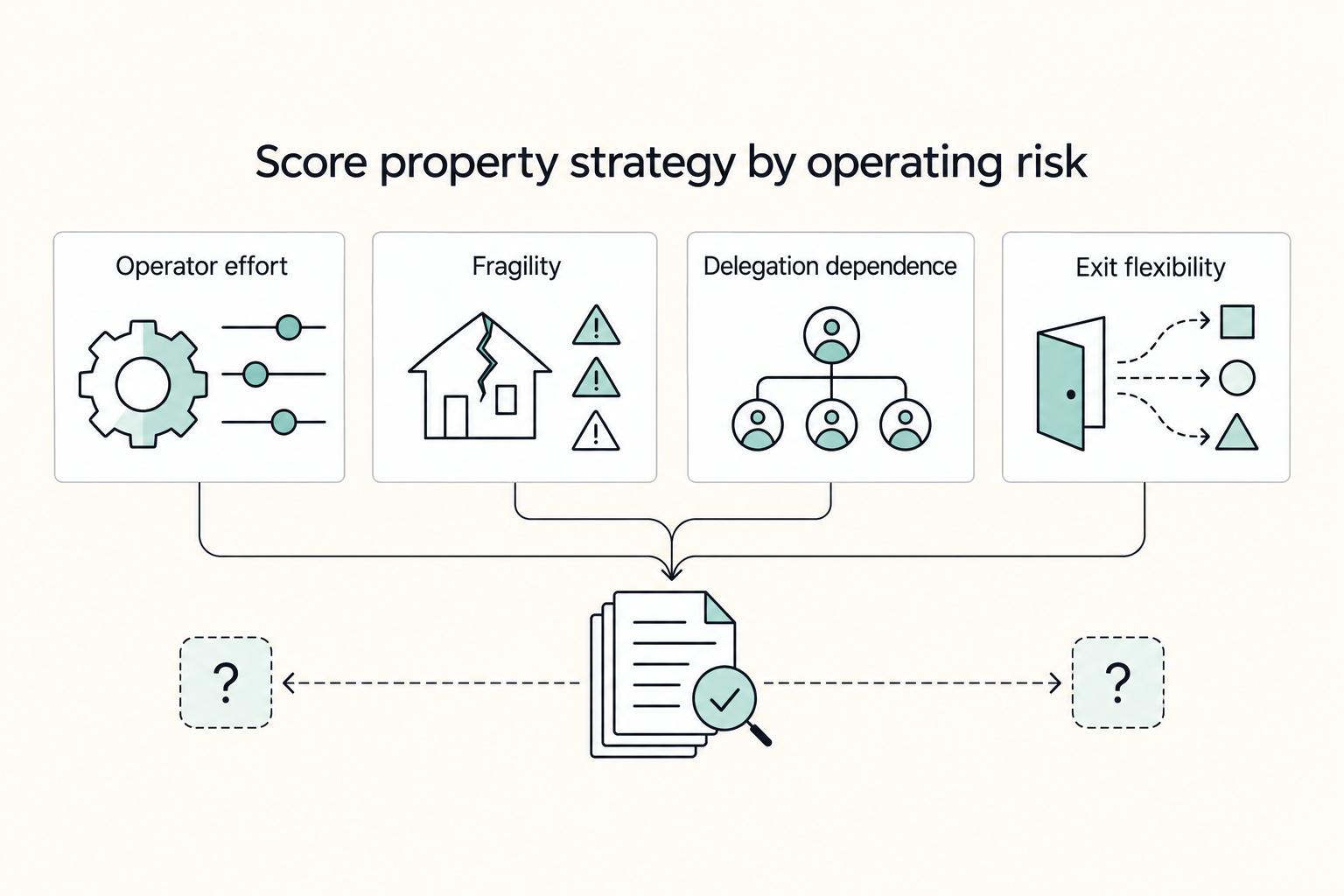 Score property strategy by operating risk: Operator effort, Fragility, Delegation dependence, and Exit flexibility.