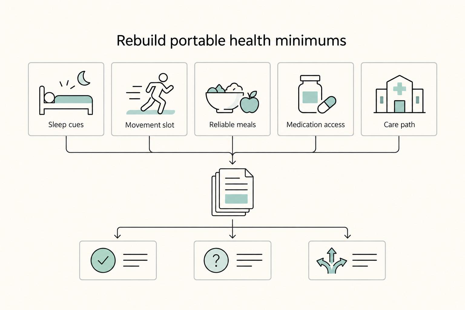 Rebuild portable health minimums: Sleep cues, Movement slot, Reliable meals, Medication access, and Care path.