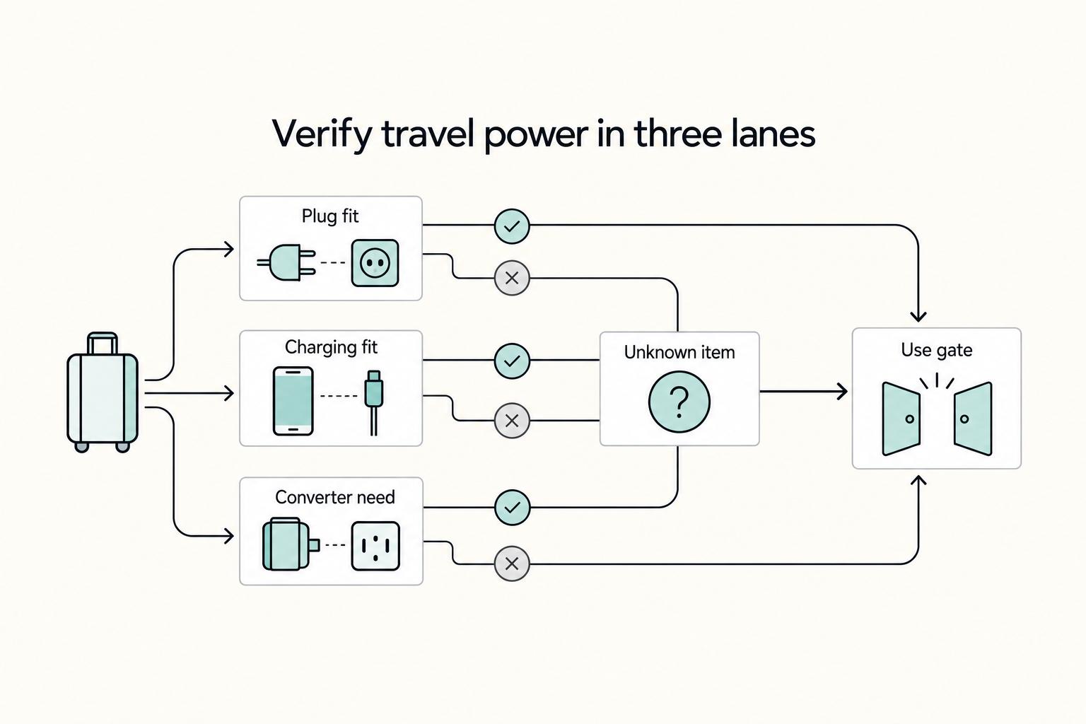 Verify travel power in three lanes: Plug fit, Charging fit, Converter need, Unknown item, and Use gate.