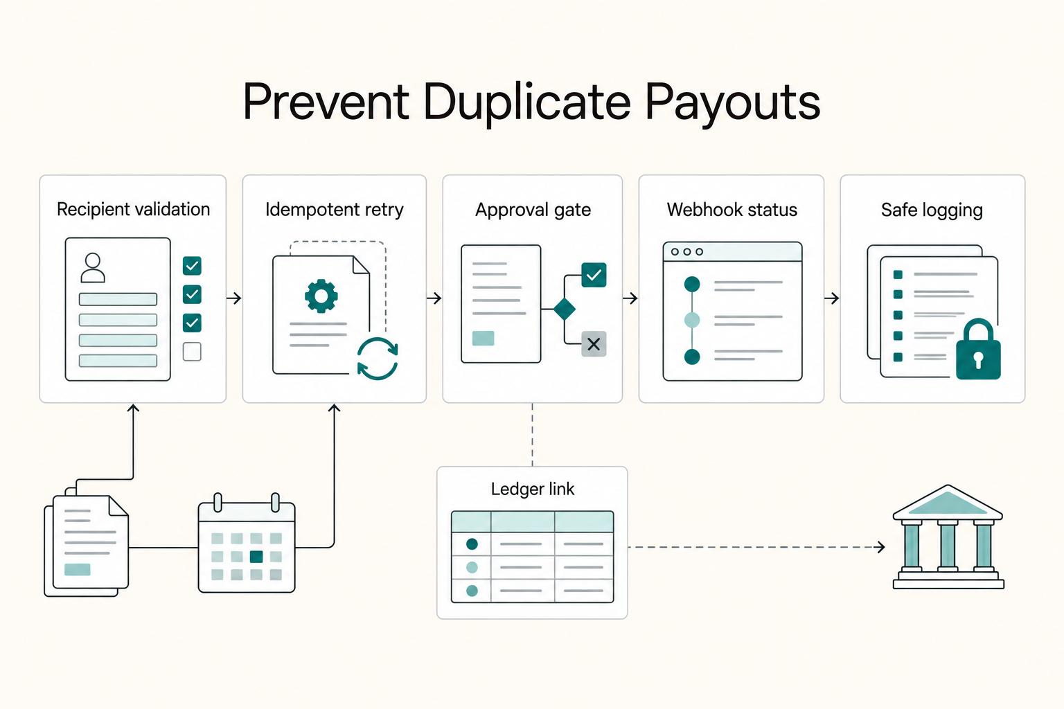 Prevent Duplicate Payouts: Recipient validation, Idempotent retry, Webhook status, Approval gate, and Safe logging.