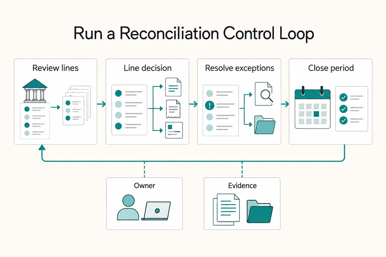 Run a Reconciliation Control Loop: Review lines, Line decision, Resolve exceptions, and Close period.
