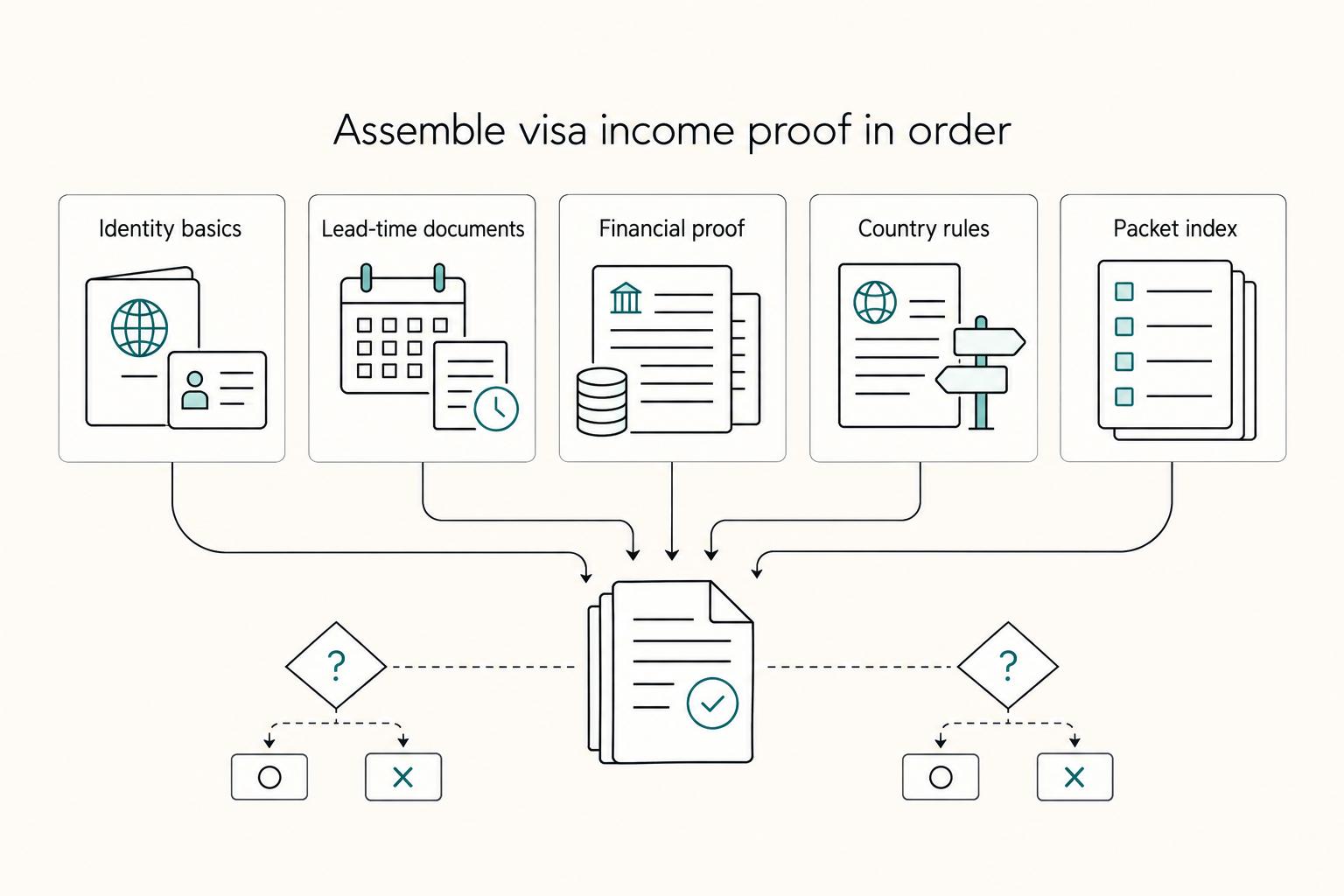 Assemble visa income proof in order: Identity basics, Lead-time documents, Financial proof, Country rules, and Packet index.